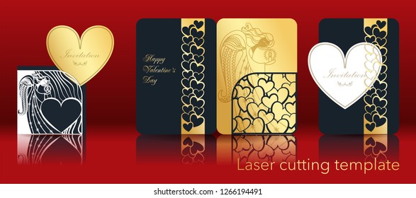 Vector image of an angel and heart for laser cutting from paper. A set of openwork greeting card, invitation, envelope, cover for a contour cut out of cardboard. Through ornament for Valentine's Day