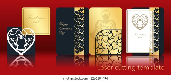 Vector image of an angel and heart for laser cutting from paper. A set of openwork greeting card, invitation, envelope, cover for a contour cut out of cardboard. Through ornament for Valentine's Day