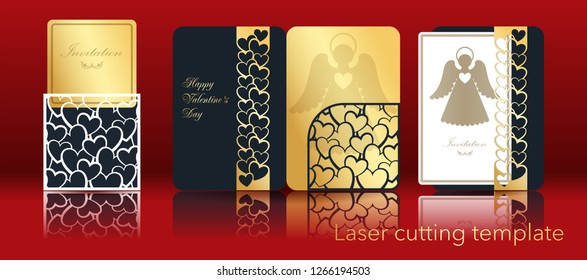 Vector image of an angel and heart for laser cutting from paper. A set of openwork greeting card, invitation, envelope, cover for a contour cut out of cardboard. Through ornament for Valentine's Day
