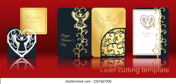 Vector image of an angel and heart for laser cutting from paper. A set of openwork greeting card, invitation, envelope, cover for a contour cut out of cardboard. Through ornament for Valentine's Day