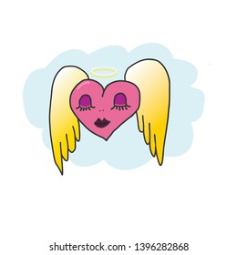 
vector image of angel heart. Pink heart with wings on a background of blue cloud. suitable for children's textiles, notebooks