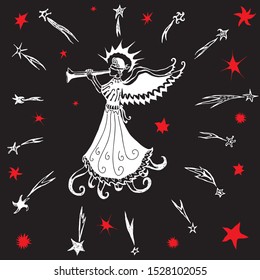 Vector image of angel playing on trumpets in starry sky
