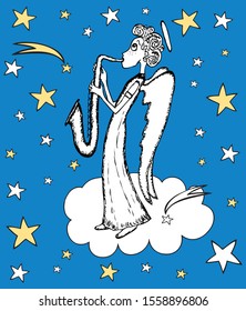 Vector image of angel playing a trumpet in starry sky