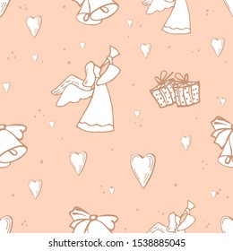 vector image of angels, hearts and gifts on a light pink background