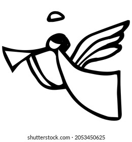 Vector image of angels with wings. Black outline. Hand-drawn. Design of posters, postcards, invitations, holiday decorations, decor, stickers.