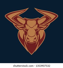 Vector image of an angry bull head with big horns. Sport emblem with the head of a bull.