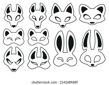 Vector image with animal masks found in Japanese culture. Wolf, hare, fox, panda, cat, jackal, raccoon. Black and white color. Suitable for use in their projects.