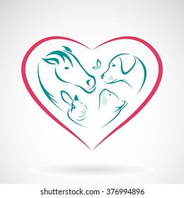 Vector image of animal on heart shape on white background, horse,dog,cat,rabbit,butterfly