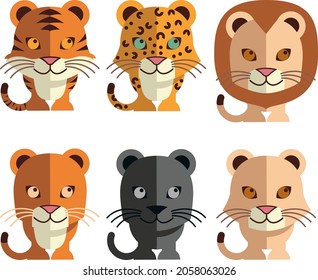 vector image of animals, animal icons: tiger, lynx, lion, panther, cougar, jaguar