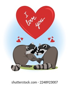 Vector image of animals in love. a Valentine's day card. Illustration of raccoons with hearts.