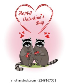 Imagen vectorial de animales enamorados. una tarjeta de San Valentín. Ilustración de mapaches con corazones