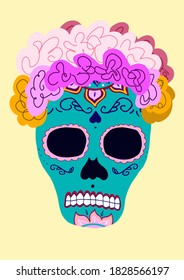 vector image of annual day of the dead in mexico. blue mask in the form of a skull with flowers.
