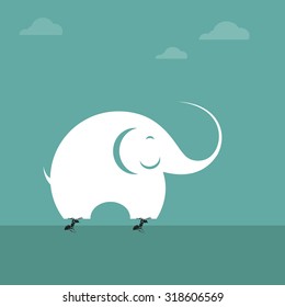 Vector image of ant lifting an elephant. Impossible concept