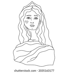 Vector image of an antique girl with a heart on her cheek. Contour image of a girl up to the waist with her hair down. Hand-drawn. Design of posters, postcards, invitations, holidays, decor, stickers,