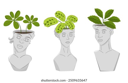 Vector image of antique heads in the form of flower pots. Modern art with antique statue head. House plants. Botanical illustration