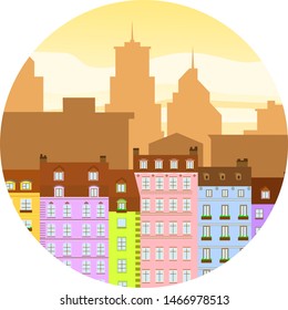 vector image of apartment buildings on the background of the modern city. EPS-10 in a round frame