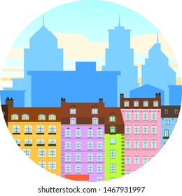 vector image of apartment buildings on the background of the modern city. EPS-10 in a round frame