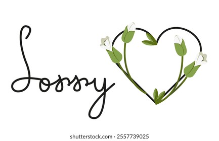 Vector image of apology lettering with snowdrops in heart. Calligraphic text Sorry in horizontal view with bouquet of flowers. Valentine's Day concept. Botanic postcard with text