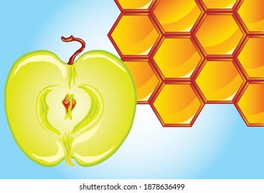 Vector image of an apple and honeycomb with honey