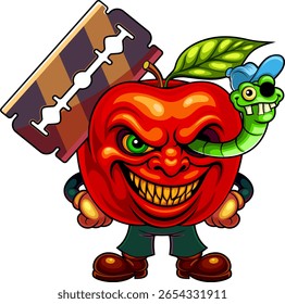 Vector image of an apple with a razor and a worm, dedicated to Halloween