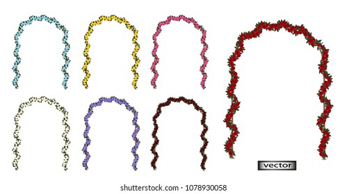 Vector image. Arch of flowers-red, white, blue, yellow, black, roses, intertwined arch for a traditional holiday. Red heart as decoration, decor for a romantic holiday or for a garden, Park.