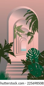 Vector image, arched gallery in a tropical city