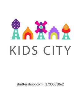 Vector image of the architecture of buildings with colored towers and domes, a historic castle, a mill. Template for logo, icon, of a playground, historical and cultural heritage, attractions.