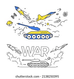 Vektorbild gepanzerter Panzer, Kampfflugzeuge und Raketensymbole mit ukrainischen Flaggenfarben