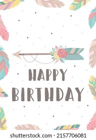 Vector image of an arrow in boho style with feathers, flowers and beads on the frame. Hand-drawn illustration by national American motifs for baby, cards, flyers, posters, prints, holiday, birthday