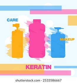 Vector image. Art or poster. Skin, hair, body care. Shampoos, soaps, gels. Various containers. Different shapes of bottles and dispensers.