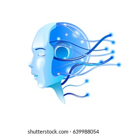 Vector image. Artificial Intelligence. Face in profile and wires. Cybernetic head in profile. The robot's face