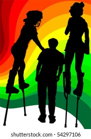 Vector image of artists on stilts on the colored background