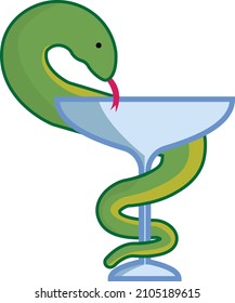 Vector image of Asclepius rod. Snake coiled around a bowl. Also known as caduceus. Green snake coiled around blue bowl, cartoon style- minimal and simplistic flat design.