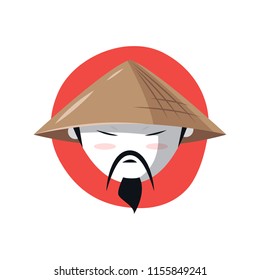 Vector image of Asian face with a mustache and beard in a traditional Conical hat