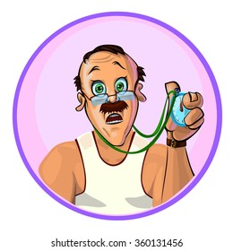 Vector image of astonished trainer holding a timer in his hand.  Made in comic cartoon style.