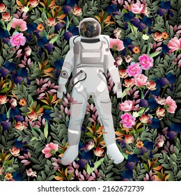 Vector image, an astronaut in the middle of a flower field