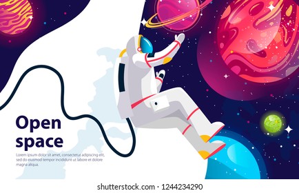 Vector image of an astronaut in outer space on the background of a set of planets and the starry sky, a template for a banner on the website