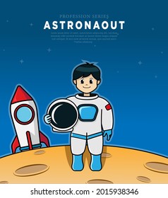 vector image of an astronaut standing on the moon holding his helmet, with space and his rocket in the background
