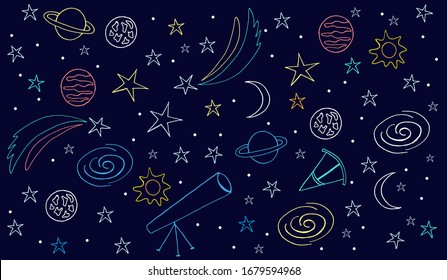 Vector image of Astronomy Doodle for logotype, t-shirt, banner, magazine, poster, decoration, postcard. Astronomy Doodle background. Astronomy Doodle illustration. EPS 10.