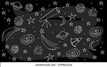 Vektorbild von Astronomie Doodle für Logotype, T-Shirt, Banner, Magazin, Poster, Dekoration, Postkarte. Astronomie Doodle Hintergrund. Astronomie Doodle-Illustration. EPS10.