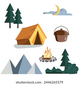 Vector Imagen de atributos para un viaje de camping. Carpa, fuego, olla, plantas, luna de noche.