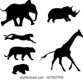 Vector image of Australia running animals silhouettes. Giraffe, rhino, panda, elephant, tiger, wild cat