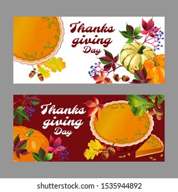 Vector image, Autumn banner, Thanksgiving holiday. Pumpkin pie and pumpkin, autumn leaves.