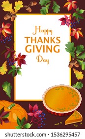 Vector Image. Autumn Banner, Thanksgiving Greeting Flyer, Drawing Pumpkin Pie And Autumn Leaves.