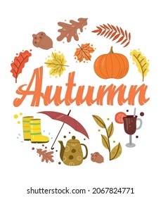 vector image of autumn. Elements on a white background. Lettering, umbrella, pumpkin, teapot, sowing of leaves. in a circle