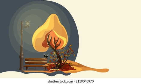 Vector image of an autumn evening background. a bench near a tree under a glowing lantern. Composition. EPS 10