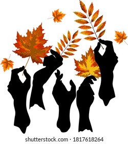 Vector image of autumn leaves in hands. Cartoon style. EPS 10
