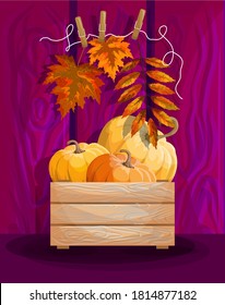 Vector image of autumn leaves and a harvest of pumpkins in a box. Cartoon style. EPS 10