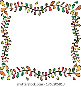 Vector image. Autumn multi-colored foliage. Defoliation. Branches of a tree, Bush and yellow, green, brown, red, orange leaves. Text frame. Design of a poster or document.