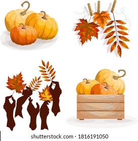 Vector image of autumn objects such as pumpkins and foliage. Set. Cartoon style. EPS 10
